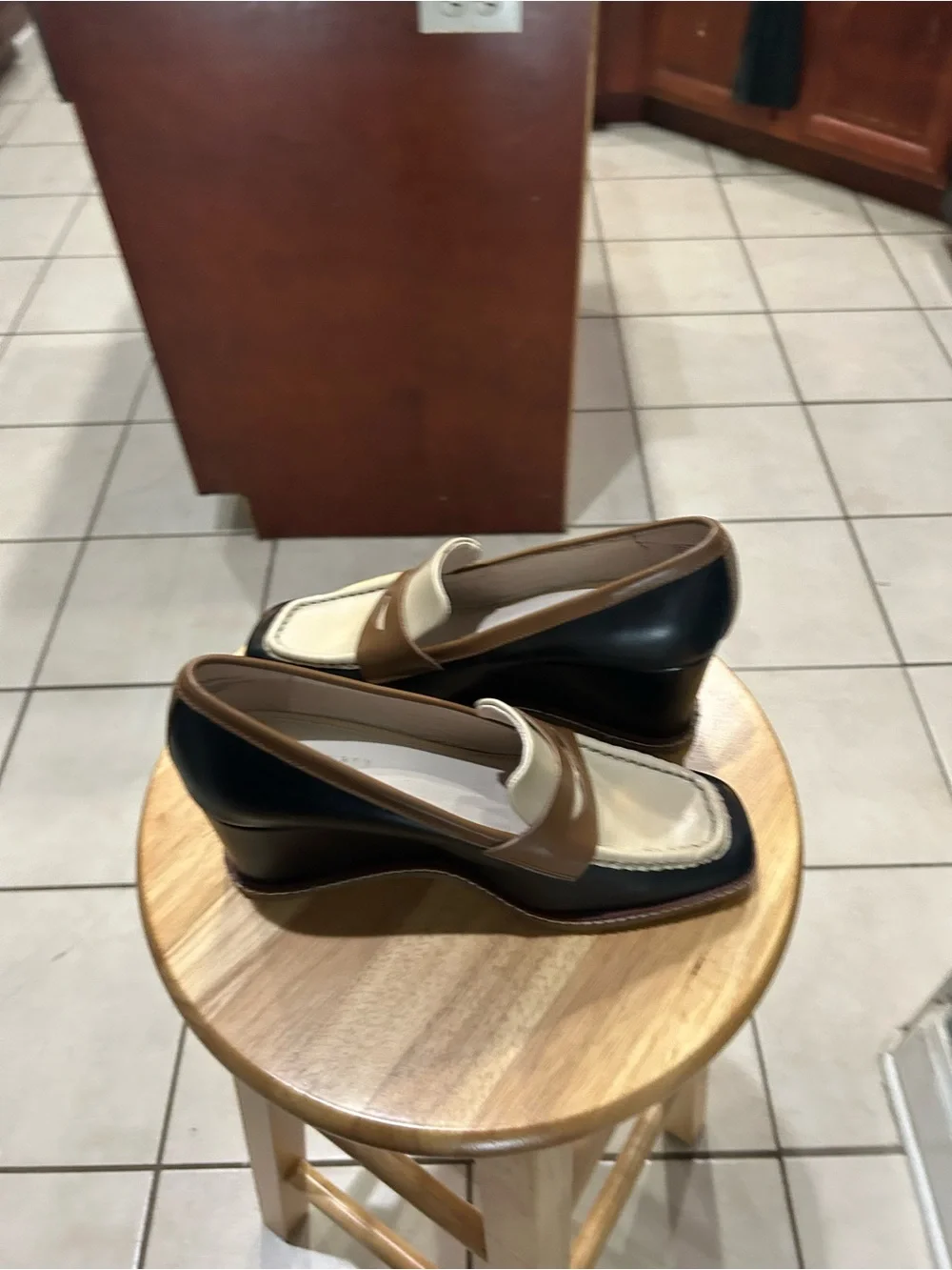 Sanctuary Tri-Tone Wedge Loafers in Black, Brown & Cream